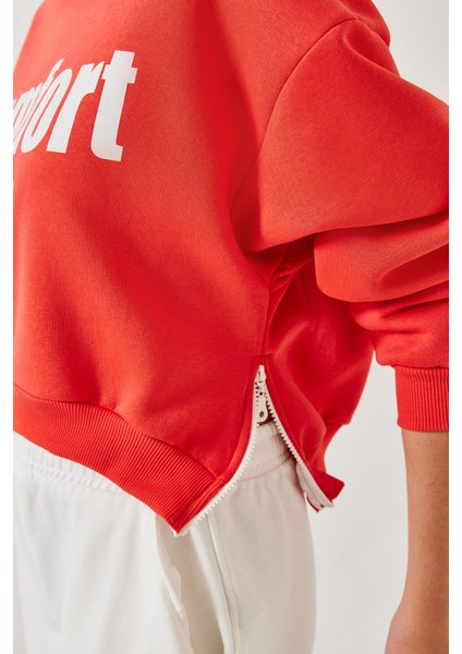 Kadın Üç Iplik Şardonlu Yanları Fermuarlı Crop Sweatshirt