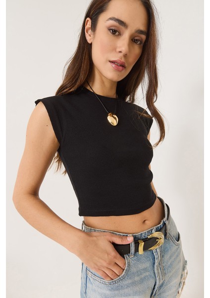 Kadın Bisiklet Yaka Kısa Kollu Basic Kaşkorse Crop Top T-Shirt