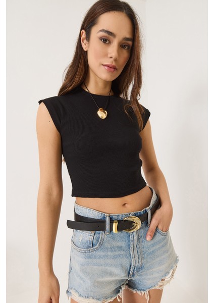 Kadın Bisiklet Yaka Kısa Kollu Basic Kaşkorse Crop Top T-Shirt fiyatları