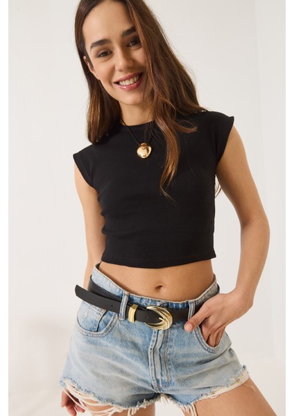 Kadın Bisiklet Yaka Kısa Kollu Basic Kaşkorse Crop Top T-Shirt fırsatları