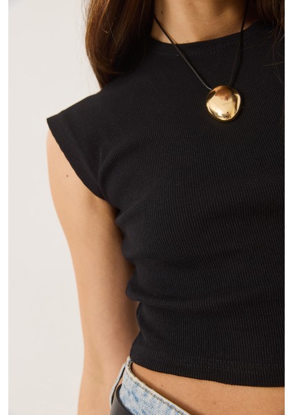 Kadın Bisiklet Yaka Kısa Kollu Basic Kaşkorse Crop Top T-Shirt indirimleri