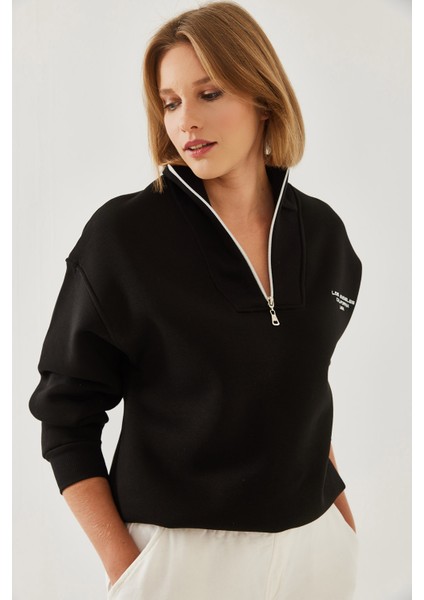 Kadın Dik Yaka Fermuar Detaylı Şardonlu Oversize Sweatshirt