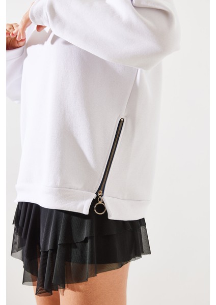 Kadın Bisiklet Yaka Şardonlu Fermuar Detaylı Basic Sweatshirt