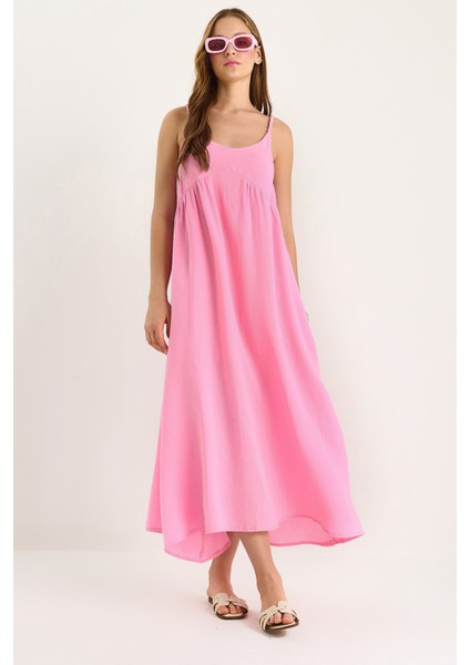 Kadın Saç Örgü Askılı Cep Detaylı Astarlı Salaş Müslin Elbise