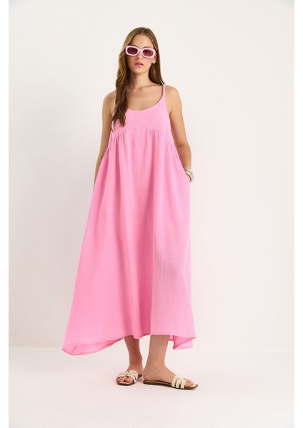 Kadın Saç Örgü Askılı Cep Detaylı Astarlı Salaş Müslin Elbise fiyatları