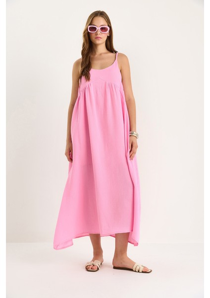 Kadın Saç Örgü Askılı Cep Detaylı Astarlı Salaş Müslin Elbise modelleri