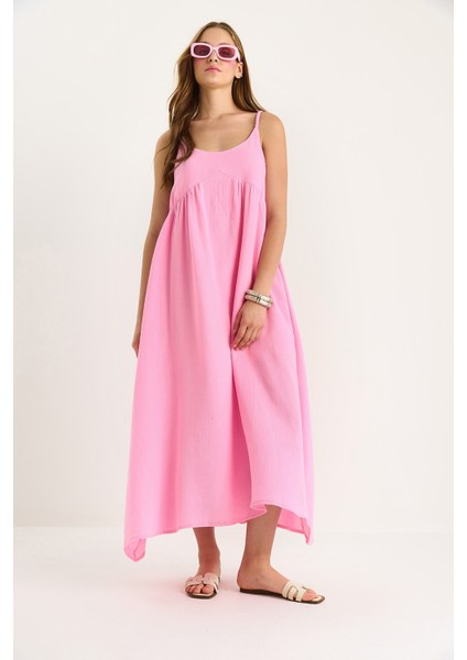 Kadın Saç Örgü Askılı Cep Detaylı Astarlı Salaş Müslin Elbise fırsatları