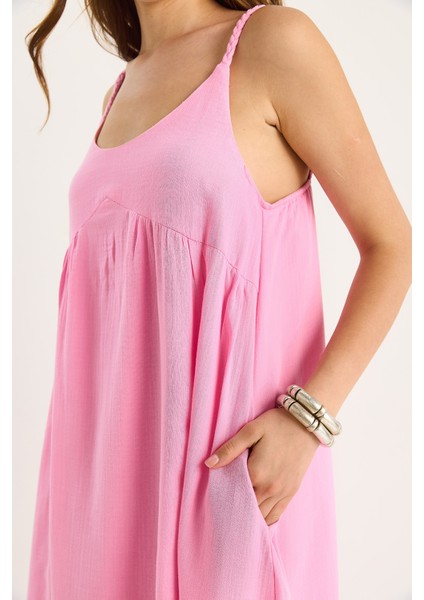 Kadın Saç Örgü Askılı Cep Detaylı Astarlı Salaş Müslin Elbise indirimleri