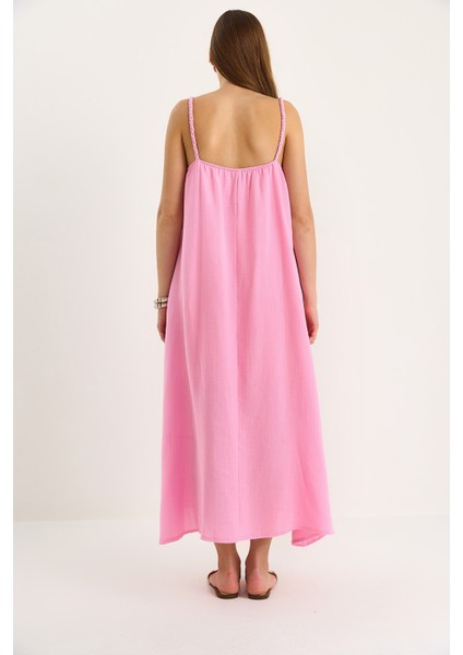 Kadın Saç Örgü Askılı Cep Detaylı Astarlı Salaş Müslin Elbise