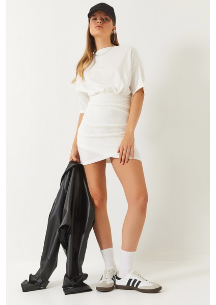 Kadın Beli Lastikli Yarasa Kollu Kruvaze Etekli Basic Elbise