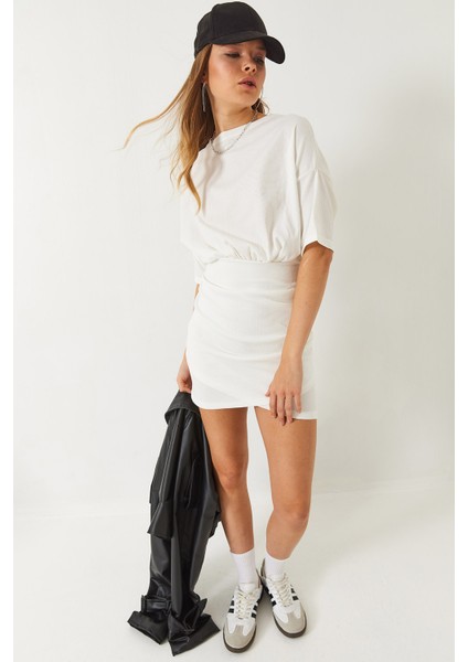 Kadın Beli Lastikli Yarasa Kollu Kruvaze Etekli Basic Elbise fiyatları