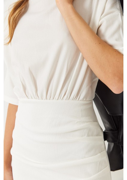 Kadın Beli Lastikli Yarasa Kollu Kruvaze Etekli Basic Elbise modelleri