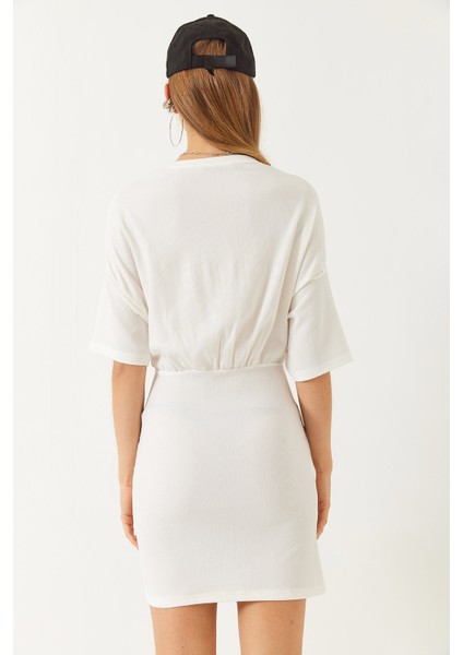 Kadın Beli Lastikli Yarasa Kollu Kruvaze Etekli Basic Elbise fırsatları