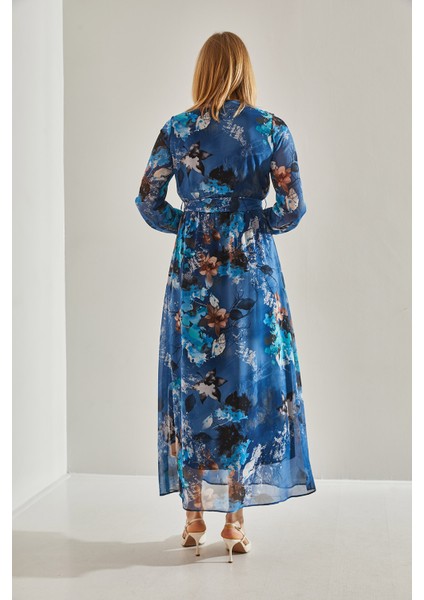 Kadın Astarlı Beli Lastikli V Yaka Kruvaze Kuşaklı Şifon Elbise