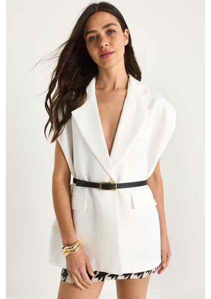 Kadın Cep Detaylı Kemerli Vatkalı Oversize Astarlı Blazer Yelek