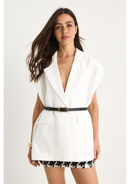 Kadın Cep Detaylı Kemerli Vatkalı Oversize Astarlı Blazer Yelek fiyatları