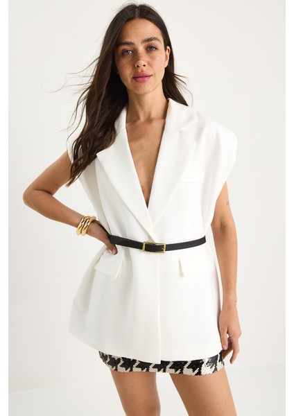 Kadın Cep Detaylı Kemerli Vatkalı Oversize Astarlı Blazer Yelek modelleri