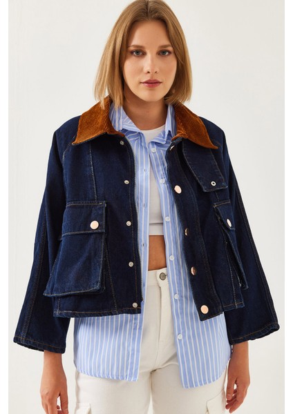Kadın Yakası Kadife Detaylı Denim Ceket