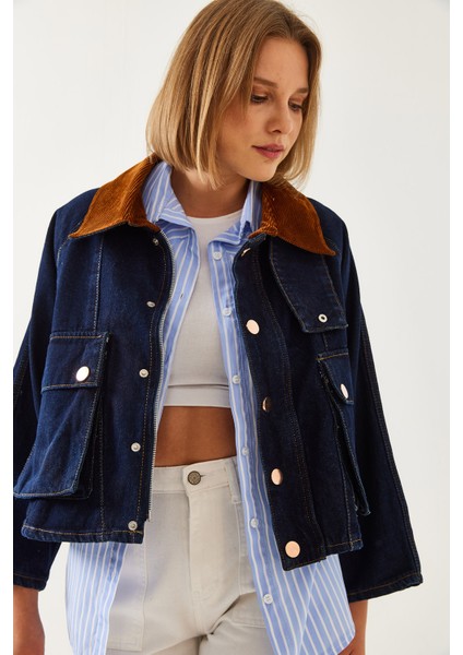 Kadın Yakası Kadife Detaylı Denim Ceket modelleri