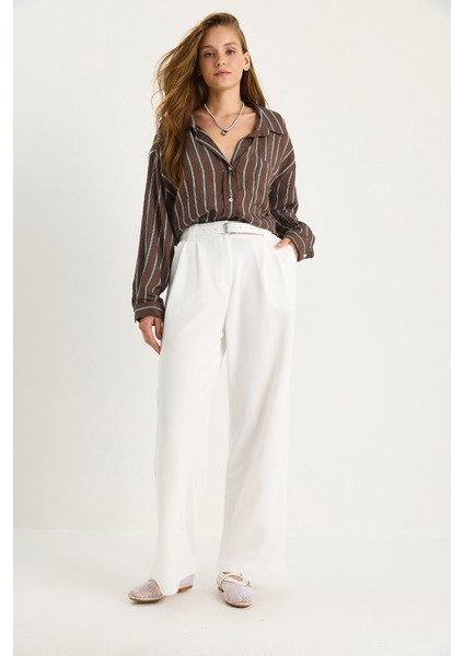 Kadın Çift Pile Detaylı Kemerli Örme Pantolon modelleri