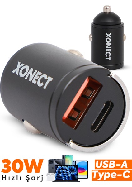 - Araç Şarj Cihazı USB ve Type-C Çıkışlı 30W Hızlı Şarj Adaptörü