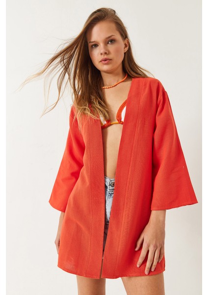 Kadın Keten Dokulu Kısa Basic Kimono