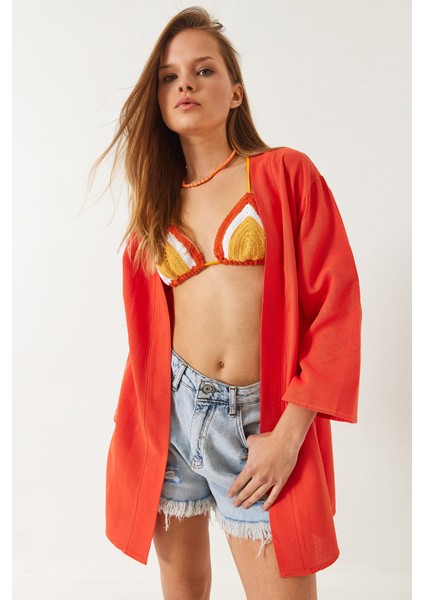 Kadın Keten Dokulu Kısa Basic Kimono fiyatları