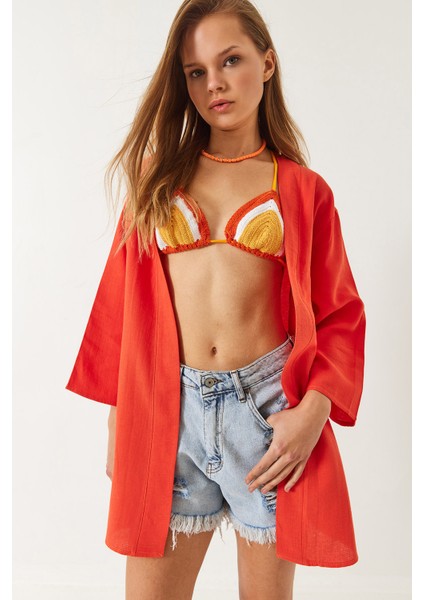 Kadın Keten Dokulu Kısa Basic Kimono modelleri