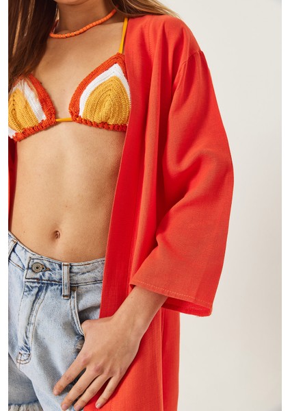 Kadın Keten Dokulu Kısa Basic Kimono fırsatları