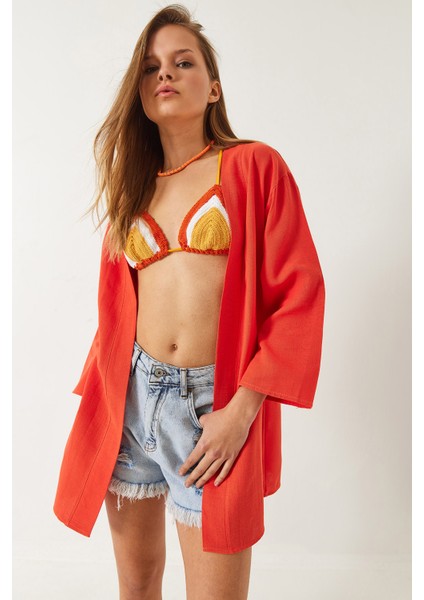 Kadın Keten Dokulu Kısa Basic Kimono indirimleri