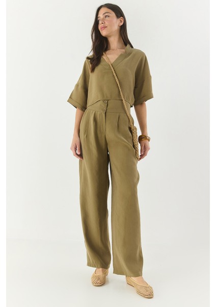 Kadın V Yaka Bluz Yüksek Bel Pantolonlu Modal Alt-Üst Takım