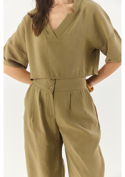 Kadın V Yaka Bluz Yüksek Bel Pantolonlu Modal Alt-Üst Takım fırsatları