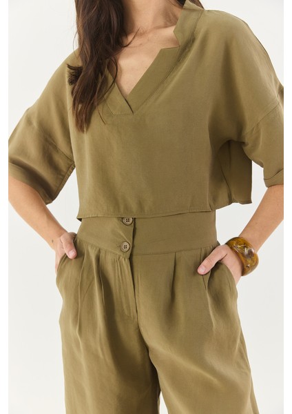 Kadın V Yaka Bluz Yüksek Bel Pantolonlu Modal Alt-Üst Takım indirimleri