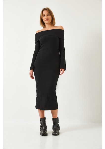 Kadın Madonna Yaka Ispanyol Kol Fitilli Elbise