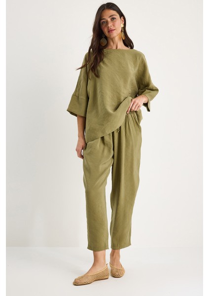 Kadın Kayık Yaka Yarım Kol Bluz Beli Lastikli Şalvar Pantolon Alt-Üst Takım