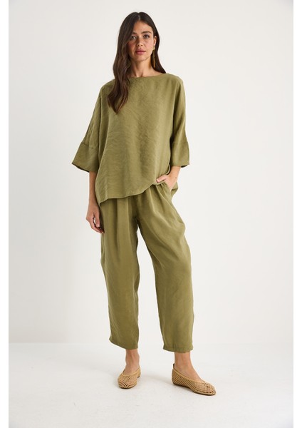 Kadın Kayık Yaka Yarım Kol Bluz Beli Lastikli Şalvar Pantolon Alt-Üst Takım fiyatları
