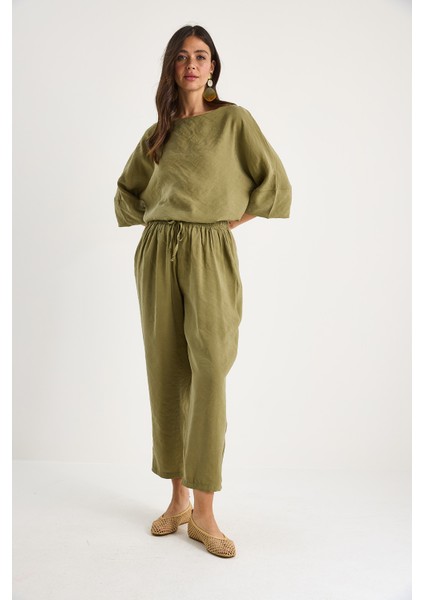 Kadın Kayık Yaka Yarım Kol Bluz Beli Lastikli Şalvar Pantolon Alt-Üst Takım modelleri