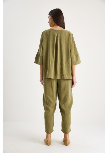 Kadın Kayık Yaka Yarım Kol Bluz Beli Lastikli Şalvar Pantolon Alt-Üst Takım indirimleri