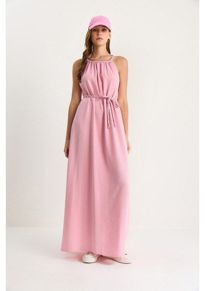 Kadın Örgü Kemerli Halter Yaka Yırtmaç Detaylı Keten Elbise