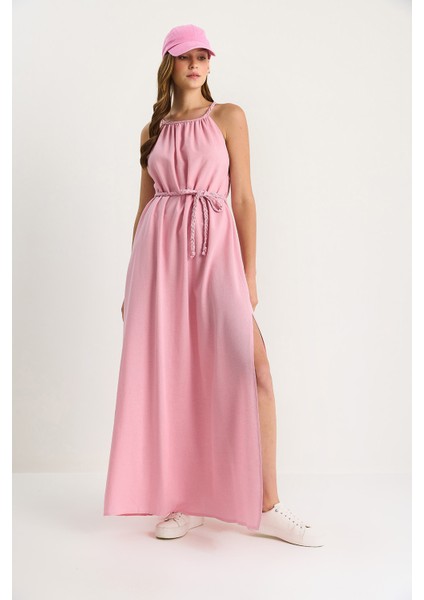 Kadın Örgü Kemerli Halter Yaka Yırtmaç Detaylı Keten Elbise modelleri