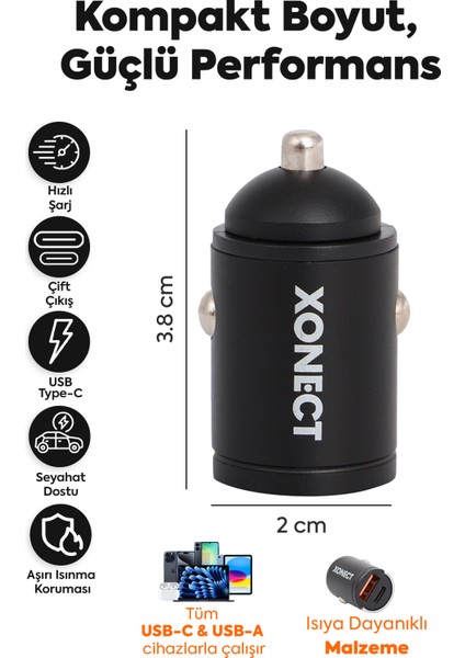 - Araç Şarj Cihazı USB ve Type-C Çıkışlı 30W Hızlı Şarj Adaptörü