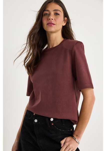 Kadın Bisiklet Yaka Vatkalı Pamuklu Basic T-Shirt