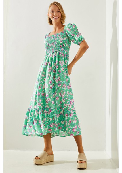 Kadın Göğsü Gipeli Karpuz Kol Viskon Elbise