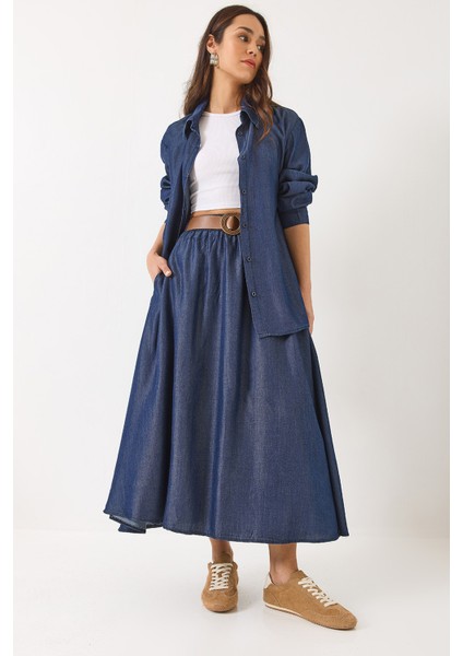 Kadın Kloş Cep Detaylı Kemerli Etek Oversize Uzun Gömlek Yazlık Denim Alt-Üst Takım