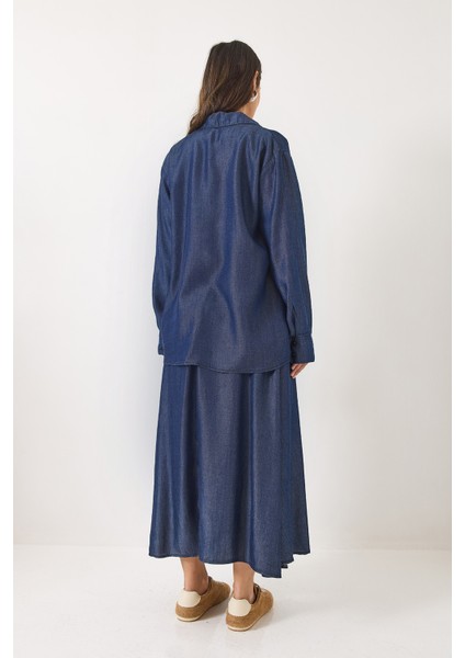 Kadın Kloş Cep Detaylı Kemerli Etek Oversize Uzun Gömlek Yazlık Denim Alt-Üst Takım modelleri