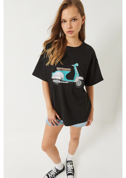 Kadın Scooter Baskılı Kısa Kollu Bisiklet Yaka Regular T-Shirt