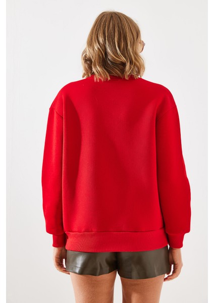 Kadın Üç Iplik Şardonlu Renkli Kalp Baskılı Sweatshirt Mbhs