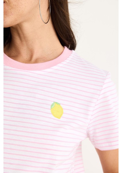 Kadın Limon Nakışlı Çizgili Pamuklu Basic T-Shirt indirimleri