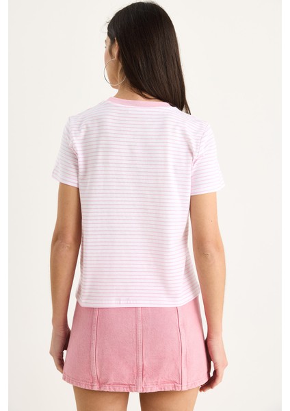 Kadın Limon Nakışlı Çizgili Pamuklu Basic T-Shirt