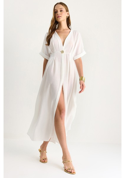 Kadın V Yaka Gold Düğme Detaylı Keten Elbise